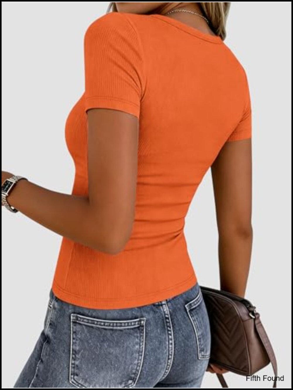 Ribbed Short Sleeve Crewneck Stretch Basic T-Shirt, Women's Casual Top, - Picture 5 of 6